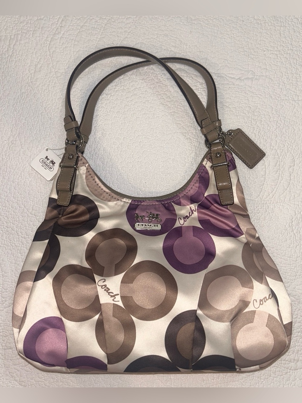 Coach Shoulder Bag in Taupe, Purple & Brown Circle Print